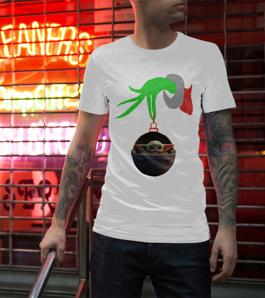 Grinch Hand Glitter Holding Baby Yoda T-Shirt