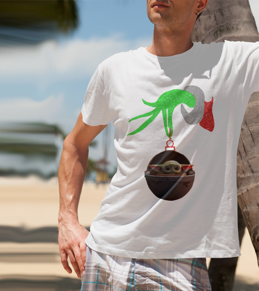 Grinch Hand Glitter Holding Baby Yoda T-Shirt