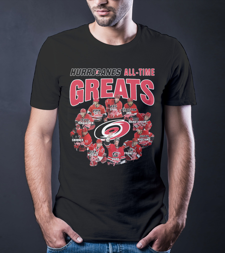 Hurricanes All-Time Greats Teuvo Teravainen Erik Cole Eric Staal Sebastian Aho Skinner Glen Wesley Cam Ward Rod Brind'amour Justin Williams Ron Francis T-Shirt