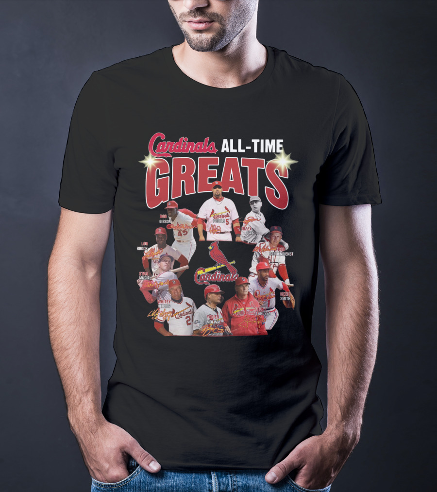 Cardinals All-Time Greats Legends Bob Gibson Lou Brock Stan Musial Ozzie Smith Tony La Russa T-Shirt