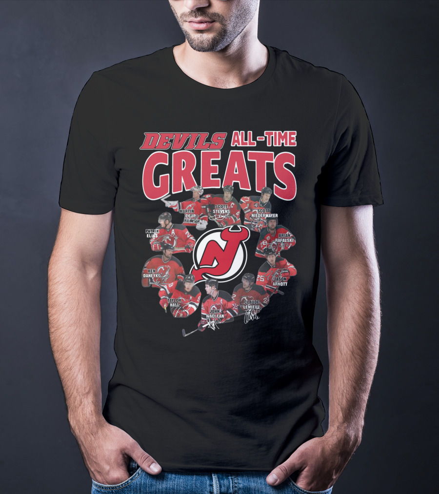New Jersey Devils All-Time Greats Martin Brodeur Scott Stevens Scott Niedermayer Patrik Elias Ken Daneyko Brian Rafalski Taylor Hall John MacLean Claude Lemieux Jason Arnott T-Shirt