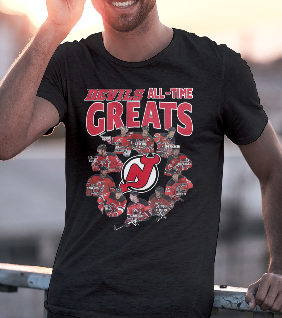 New Jersey Devils All-Time Greats Martin Brodeur Scott Stevens Scott Niedermayer Patrik Elias Ken Daneyko Brian Rafalski Taylor Hall John MacLean Claude Lemieux Jason Arnott T-Shirt