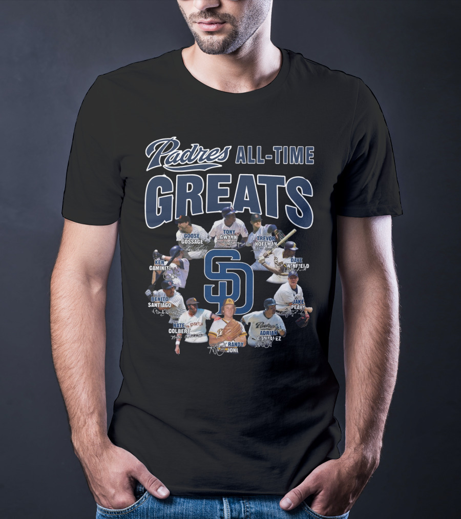 Padres All-Time Greats Goose Gossage Tony Gwynn Trevor Hoffman Dave Winfield Ken Caminiti Benito Santiago Nate Colbert Randy Jones Adrian Gonzalez Jake Peavy T-Shirt