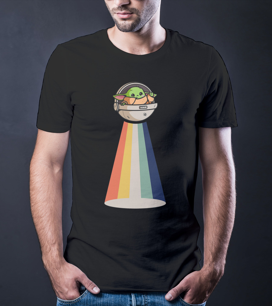 Baby Yoda Spaceship Rainbow Glow T-Shirt