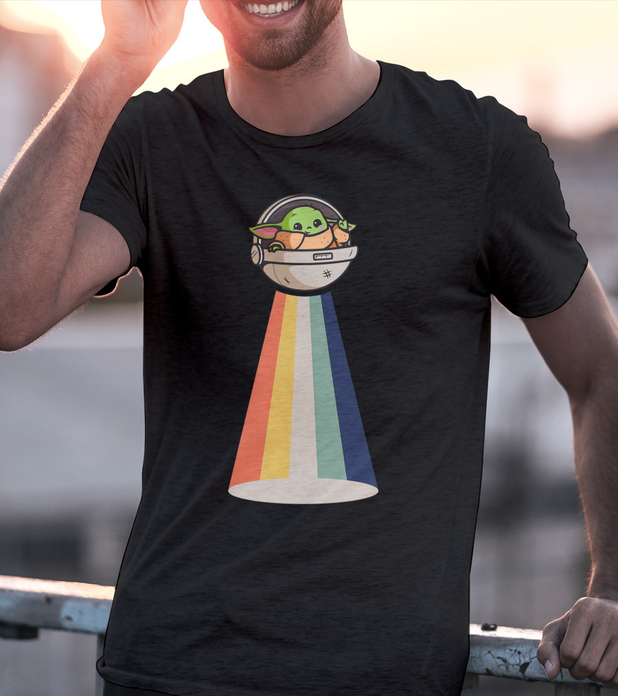 Baby Yoda Spaceship Rainbow Glow T-Shirt