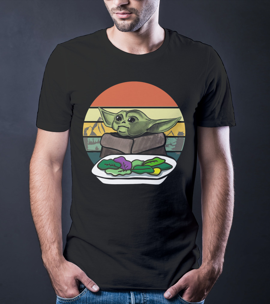 Baby Yoda Yelling At The Table Mountains 70s Sunset Forest T-Shirt