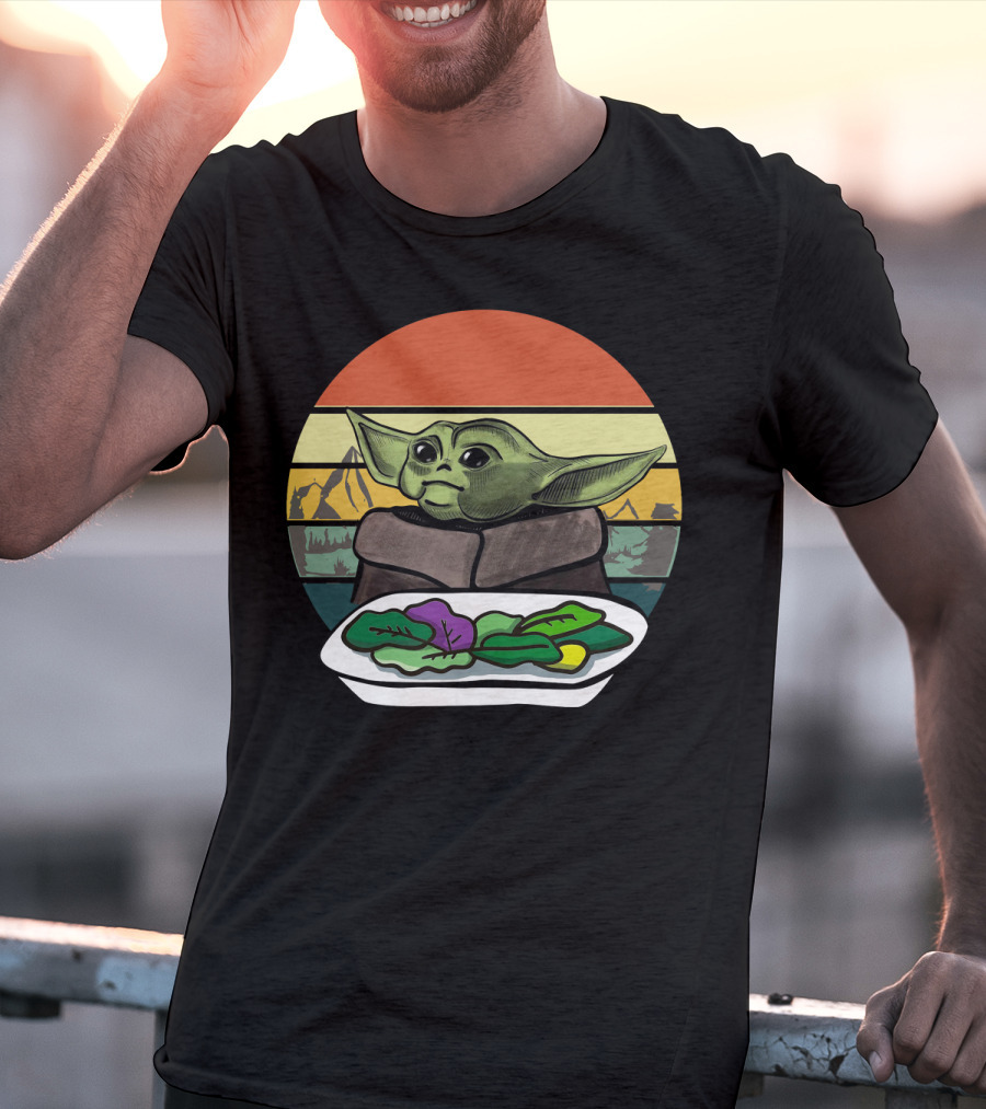 Baby Yoda Yelling At The Table Mountains 70s Sunset Forest T-Shirt