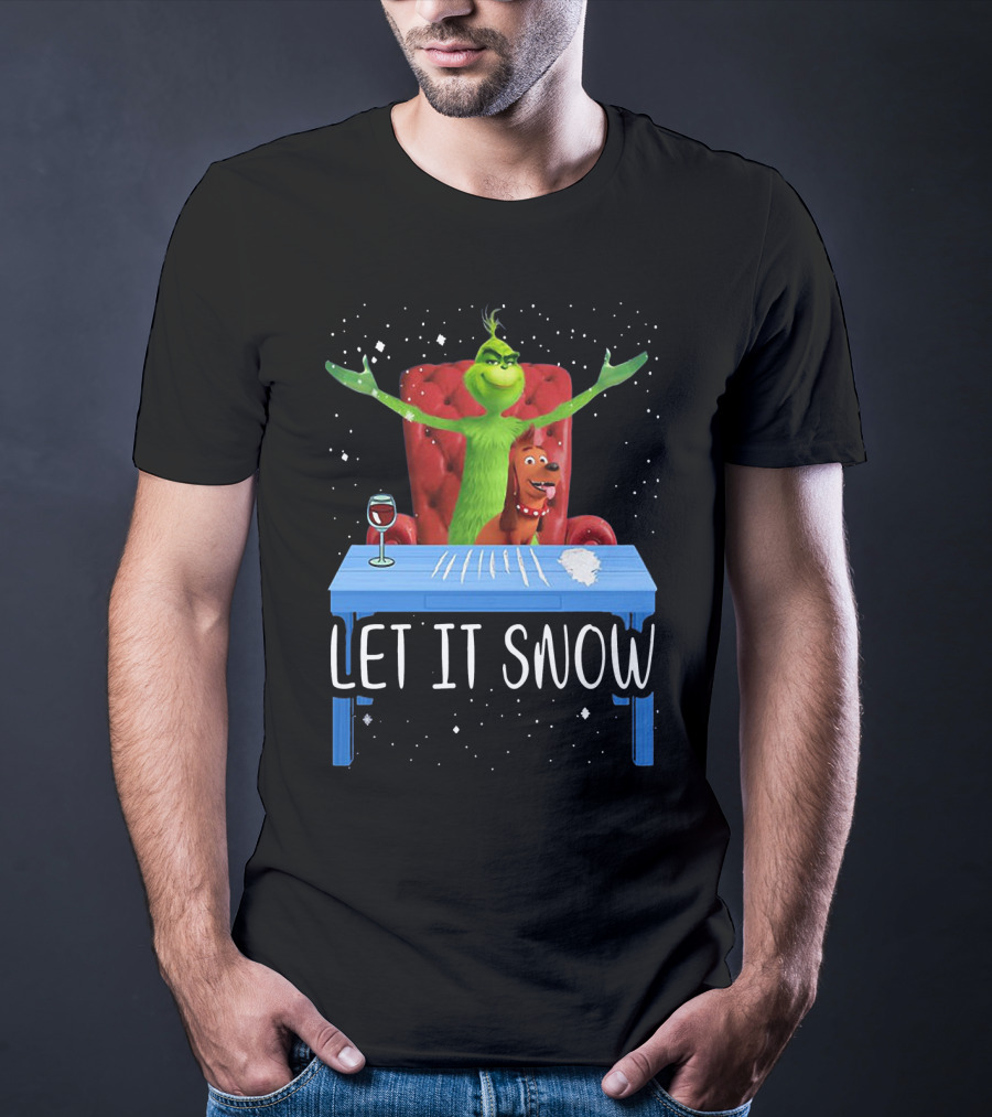 Let It Snow Grinch And Max At Table With Wine And Snowflakes T-Shirt