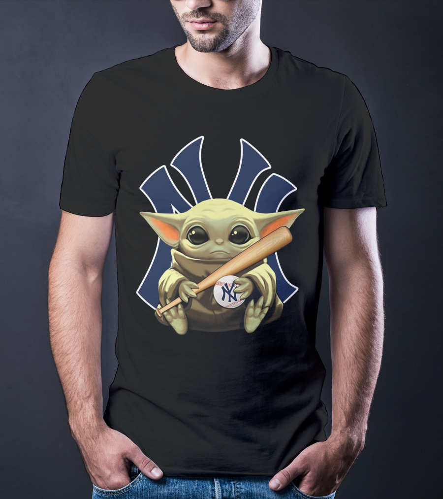 Baby Yoda Holding Baseball And Bat With New York Yankees T-Shirt