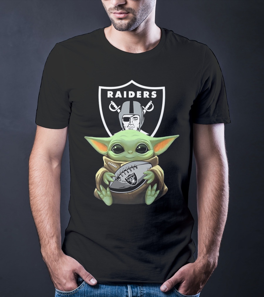 Raiders Baby Yoda Hugs Football With Shield T-Shirt