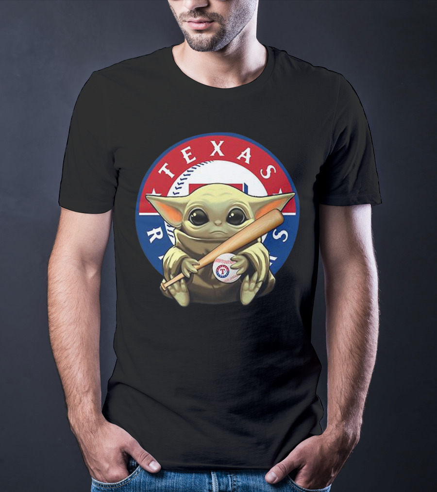 Baby Yoda Texas Rangers Baseball Fan With Bat And Ball T-Shirt