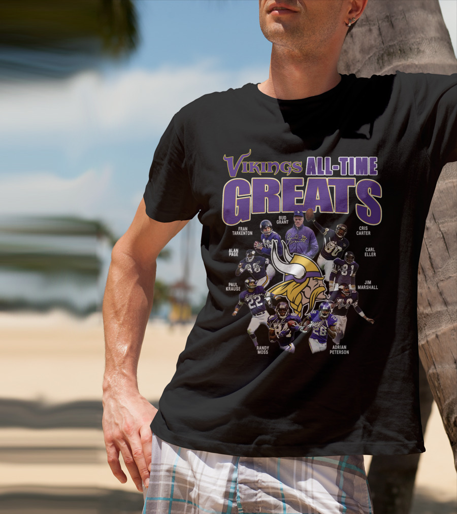 Vikings All-Time Greats Fran Tarkenton Bud Grant Cris Carter Alan Page Paul Krause Randy Moss Adrian Peterson Carl Eller Jim Marshall T-Shirt