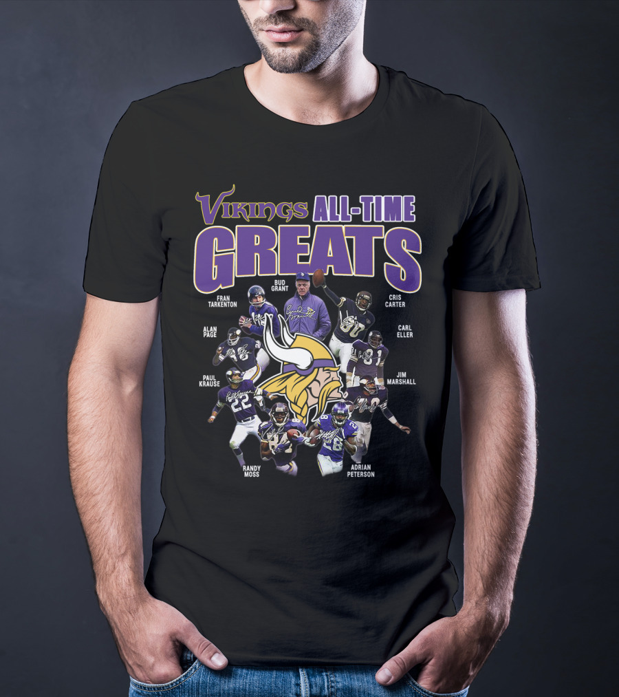 Vikings All-Time Greats Fran Tarkenton Bud Grant Cris Carter Alan Page Paul Krause Randy Moss Adrian Peterson Carl Eller Jim Marshall T-Shirt