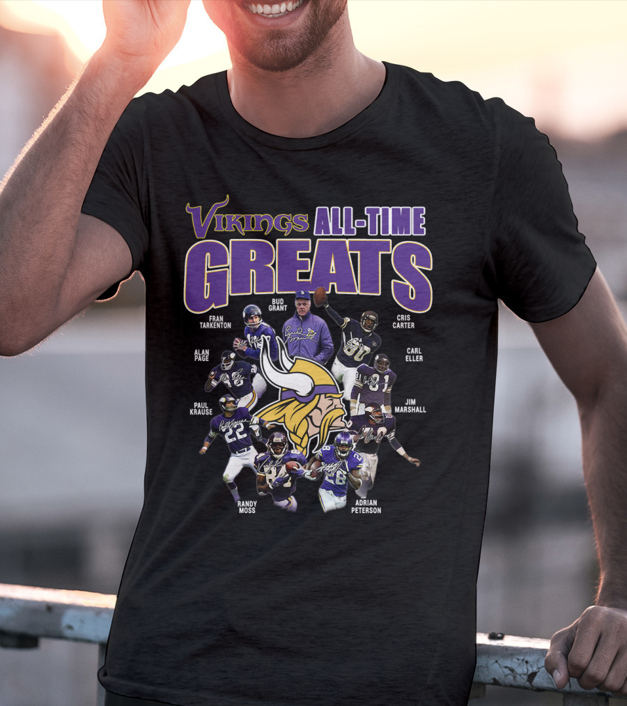 Vikings All-Time Greats Fran Tarkenton Bud Grant Cris Carter Alan Page Paul Krause Randy Moss Adrian Peterson Carl Eller Jim Marshall T-Shirt