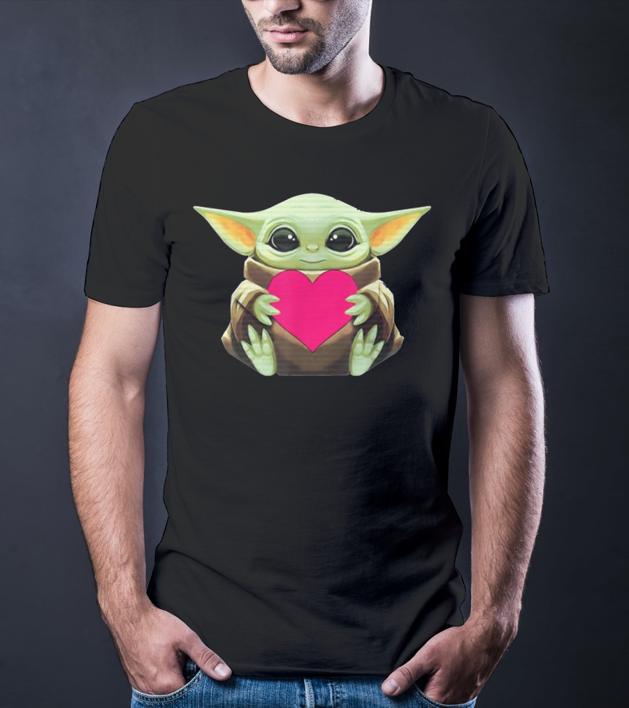 Valentine's Day Baby Y.O.D.A Heart With Cute Green Character Holding Pink Heart T-Shirt