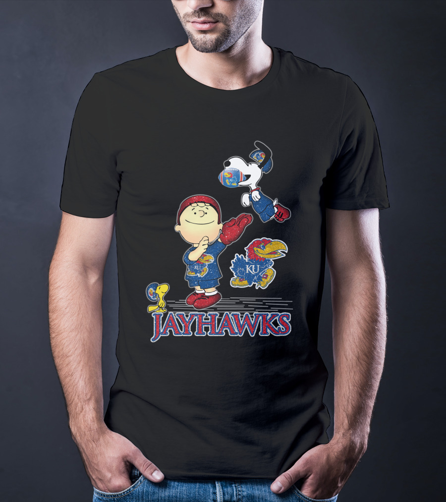 Snoopy Charlie Brown Woodstock Kansas Jayhawks KU Football T-Shirt