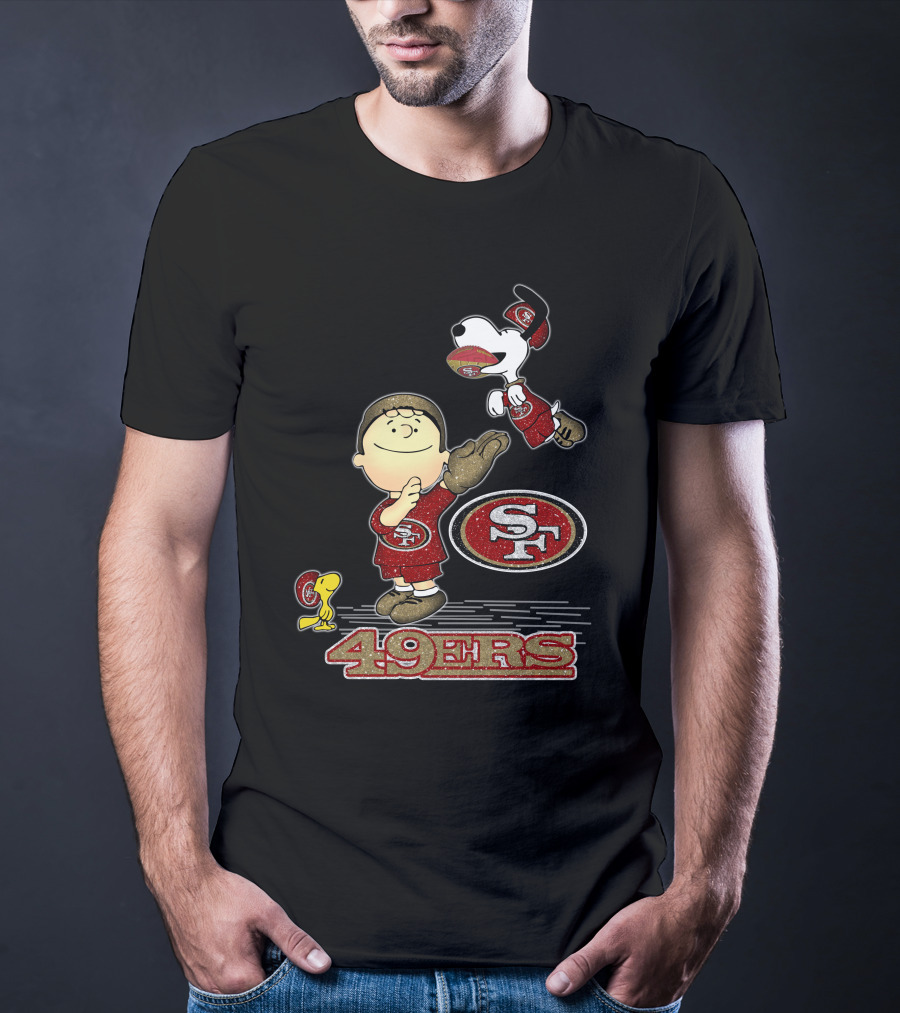 Snoopy And Woodstock With San Francisco 49ers Sf Logo In Red And Gold T-Shirt