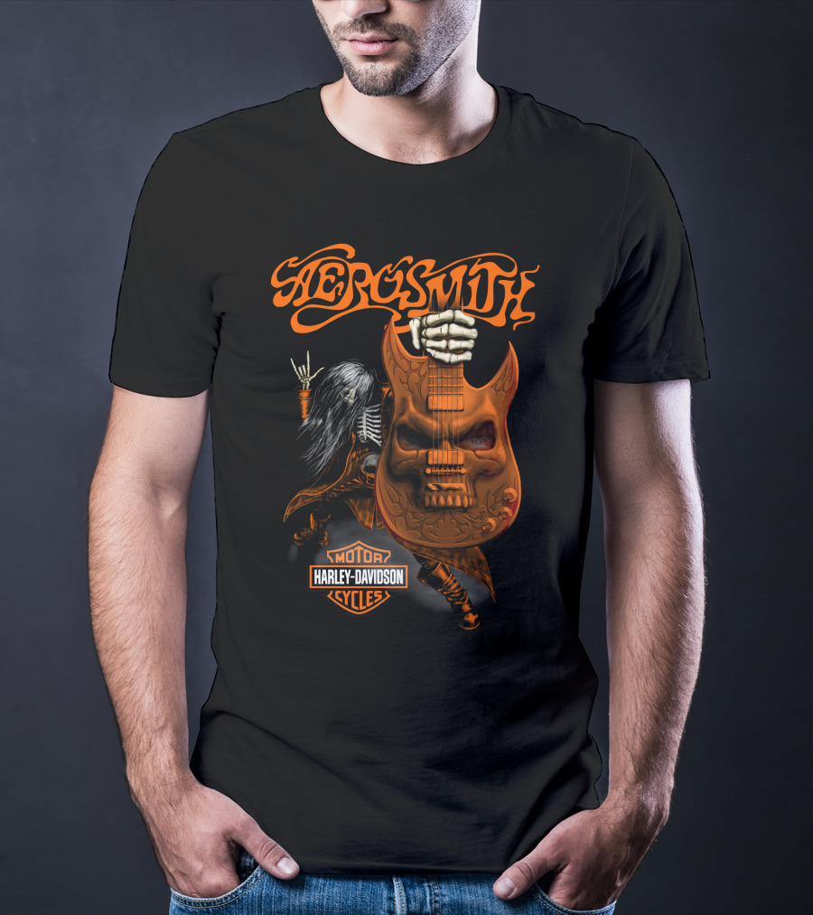 Aerosmith Harley Davidson Motor Cycles Rock Guitar Skull T-Shirt