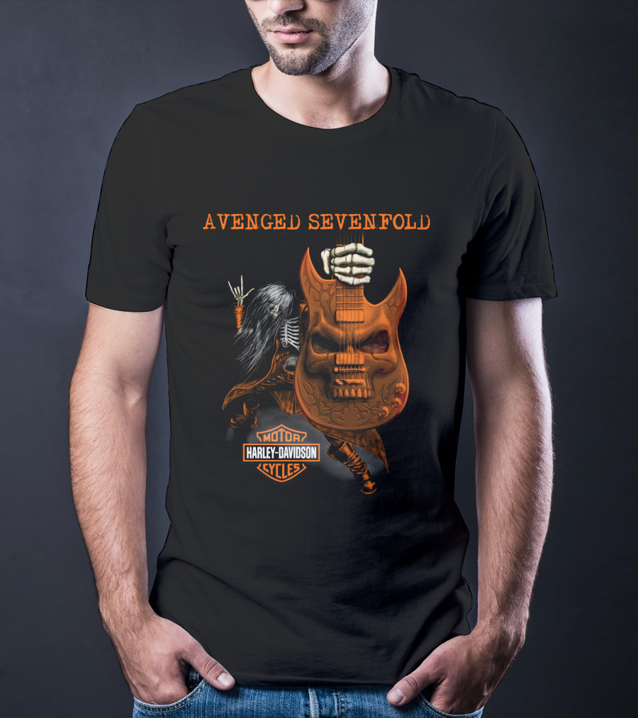 Avenged Sevenfold Harley Davidson Skeleton Guitar Imagery With Hand Sign T-Shirt