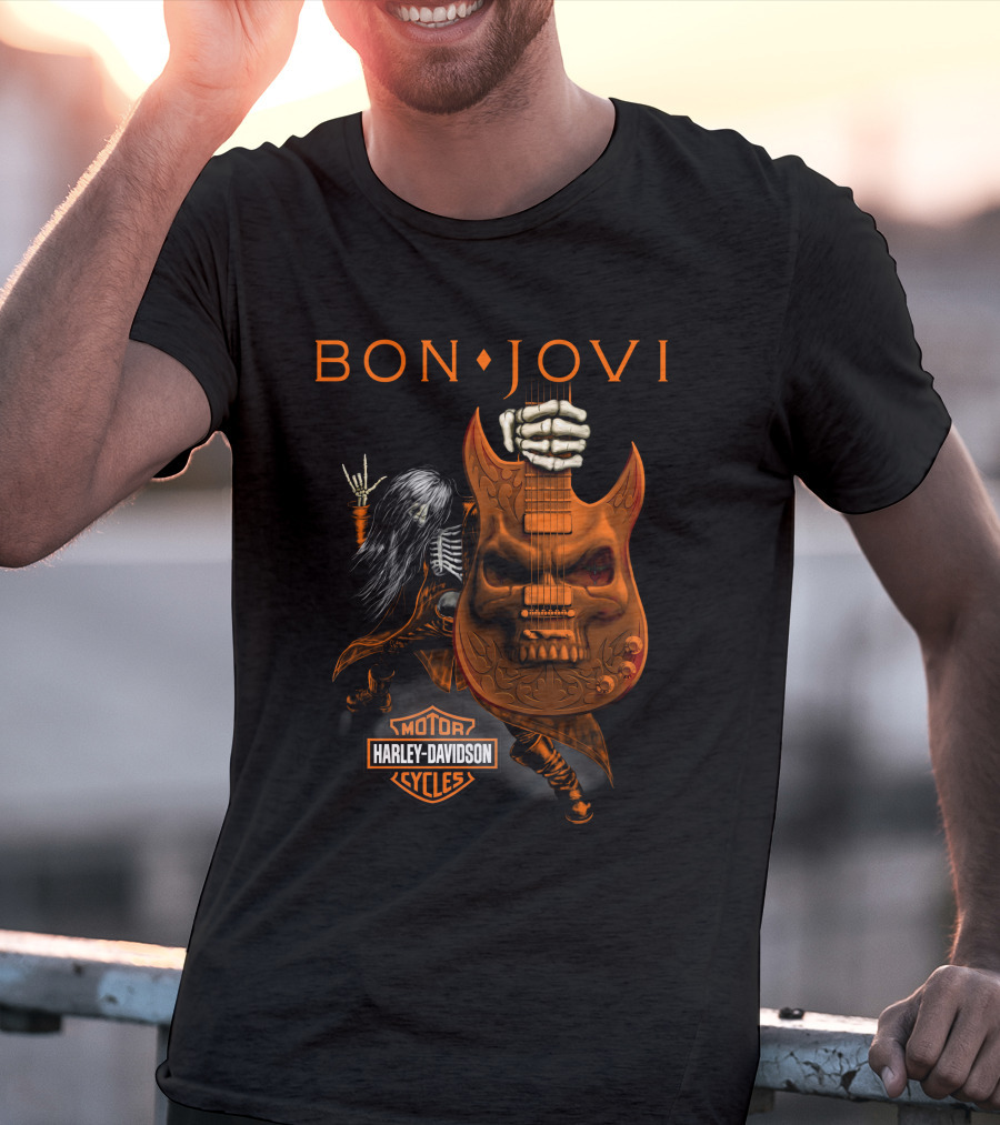 Bon Jovi Harley Davidson Cycles Skeleton Guitar Rockstar T-Shirt