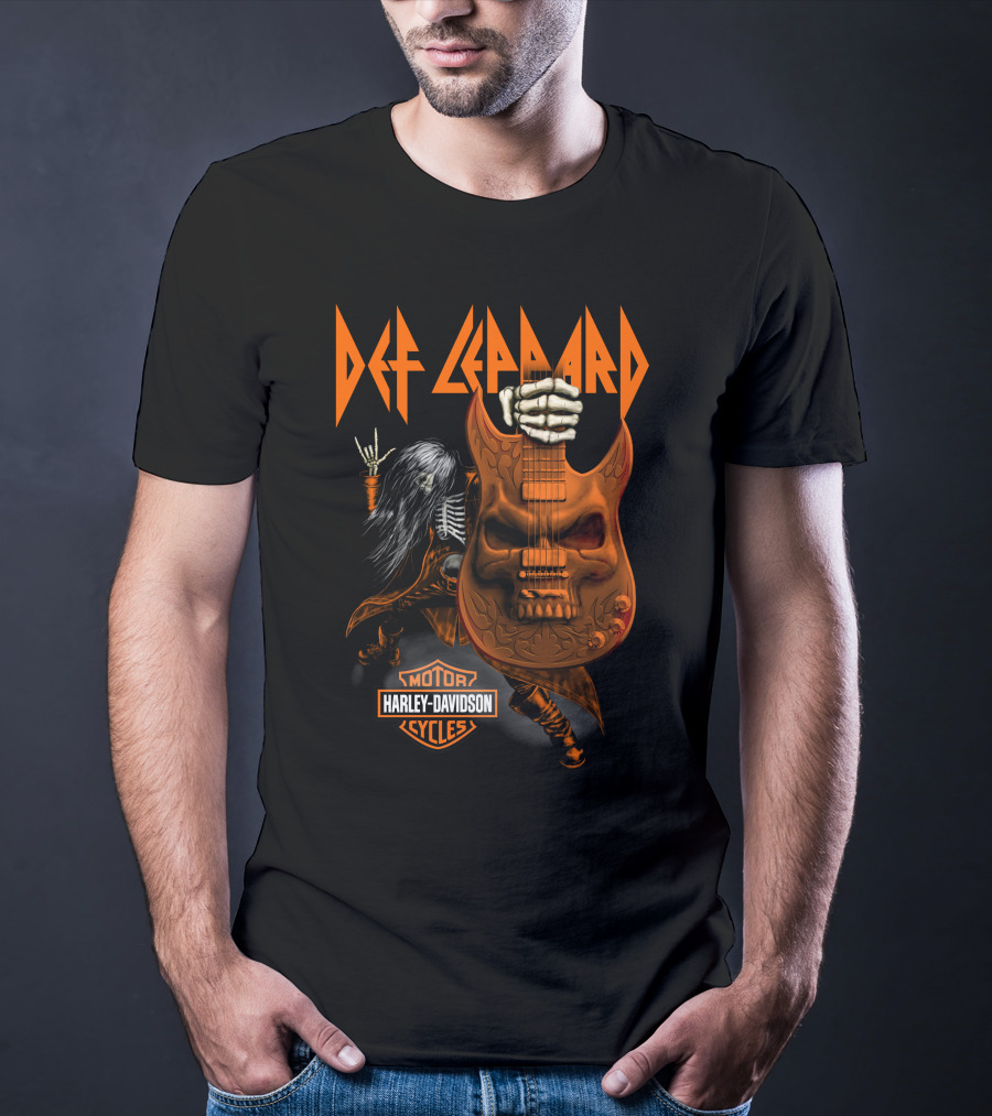 Def Leppard Harley Davidson Skull Guitar Skeleton Rock T-Shirt