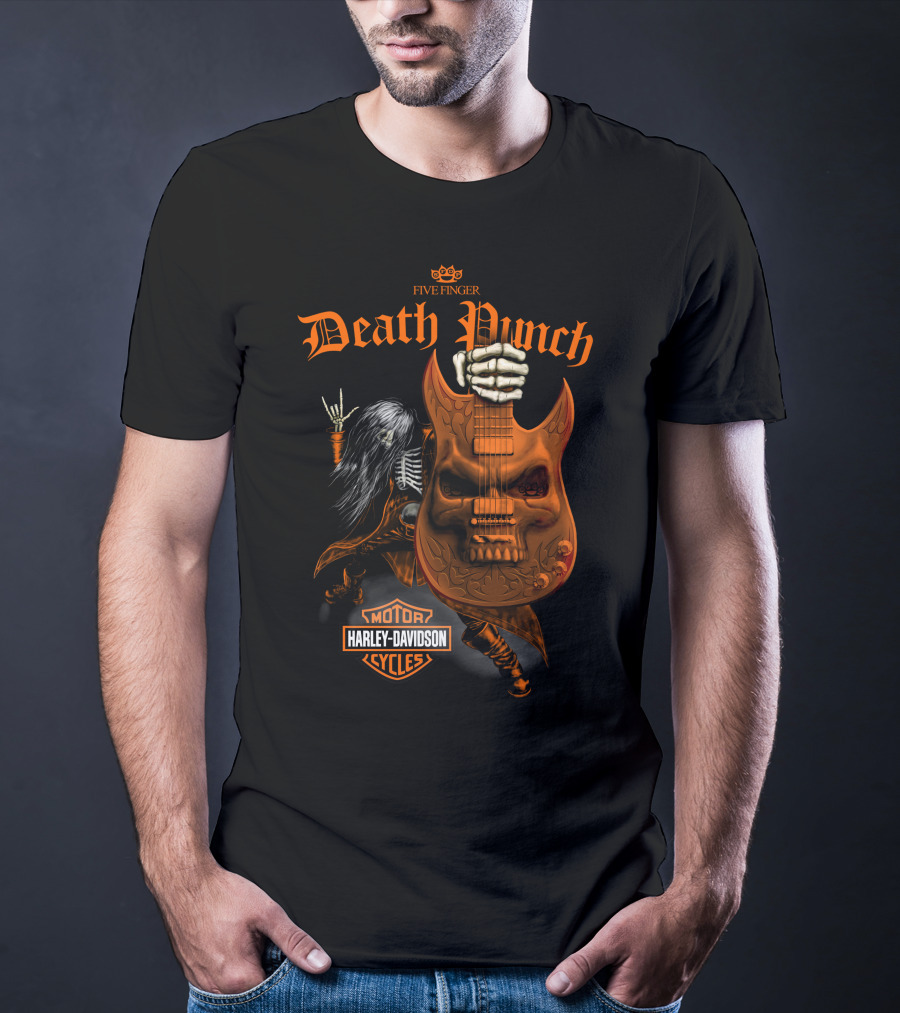 Five Finger Death Punch Harley Davidson Cycles Skeleton Guitar T-Shirt
