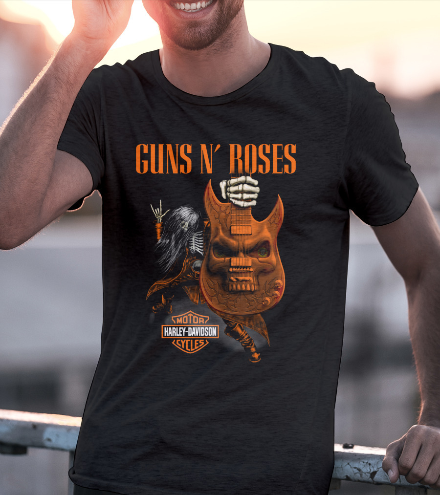Guns N' Roses Harley Davidson Motor Cycles Skeleton Guitar Rocker T-Shirt