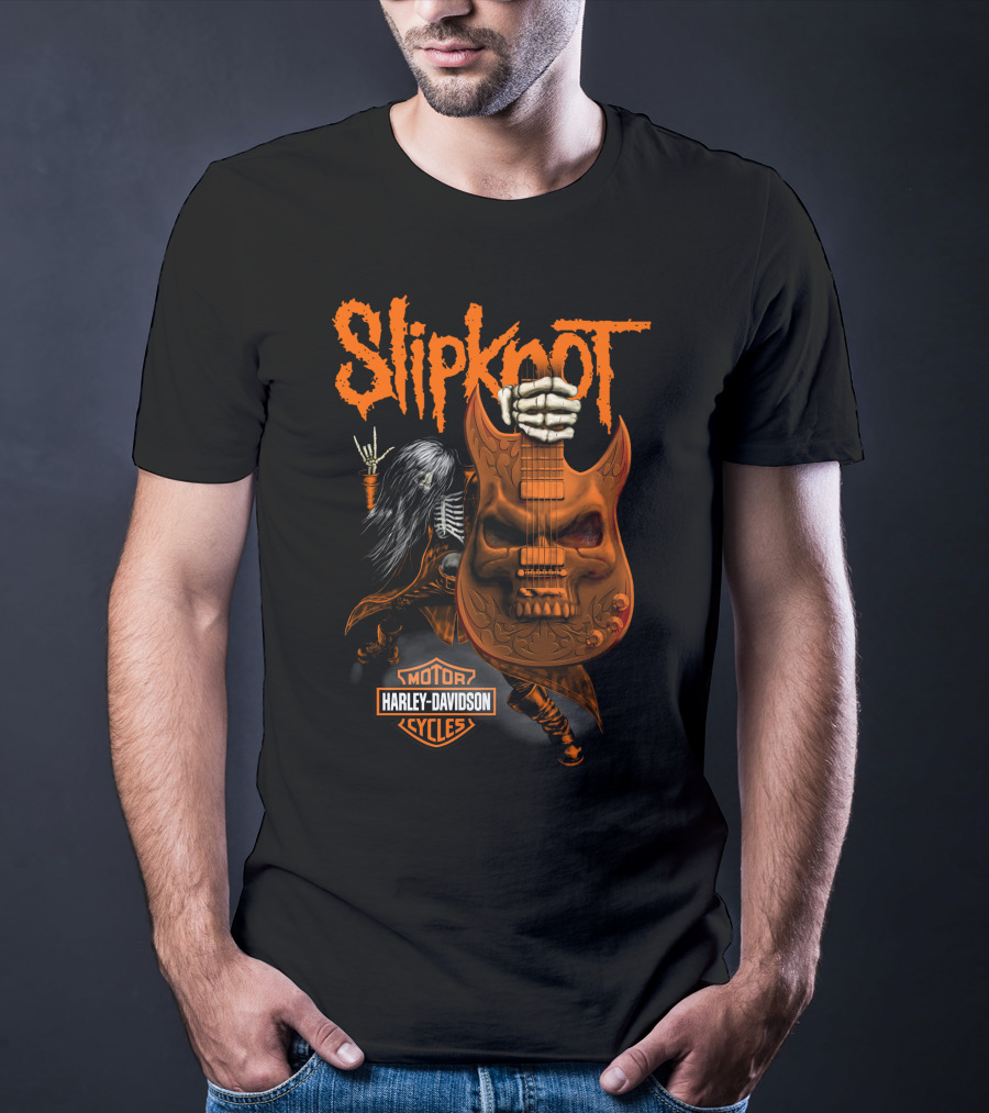 Slipknot Harley Davidson Motor Cycles Skull Guitar Skeleton Rock T-Shirt