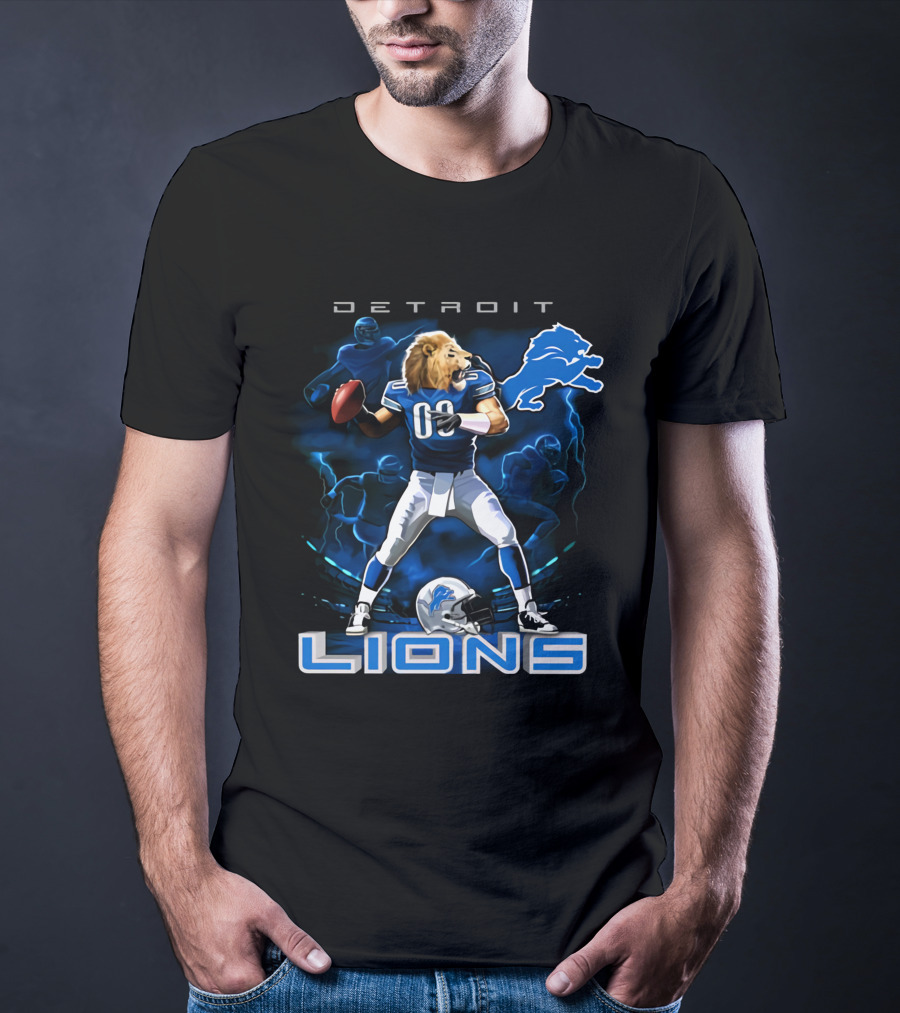 Detroit Lions Lion-Headed Quarterback Action Fantasy Scene T-Shirt
