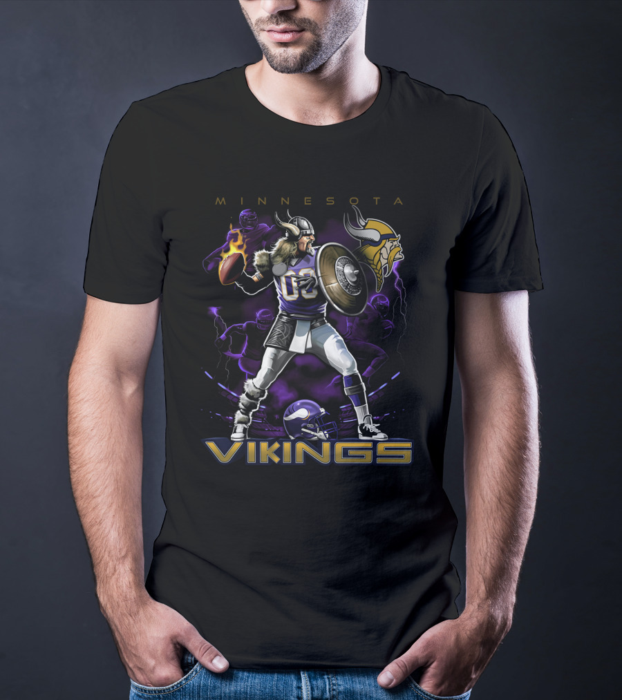 Minnesota Vikings Warrior With Football And Viking Helmet T-Shirt