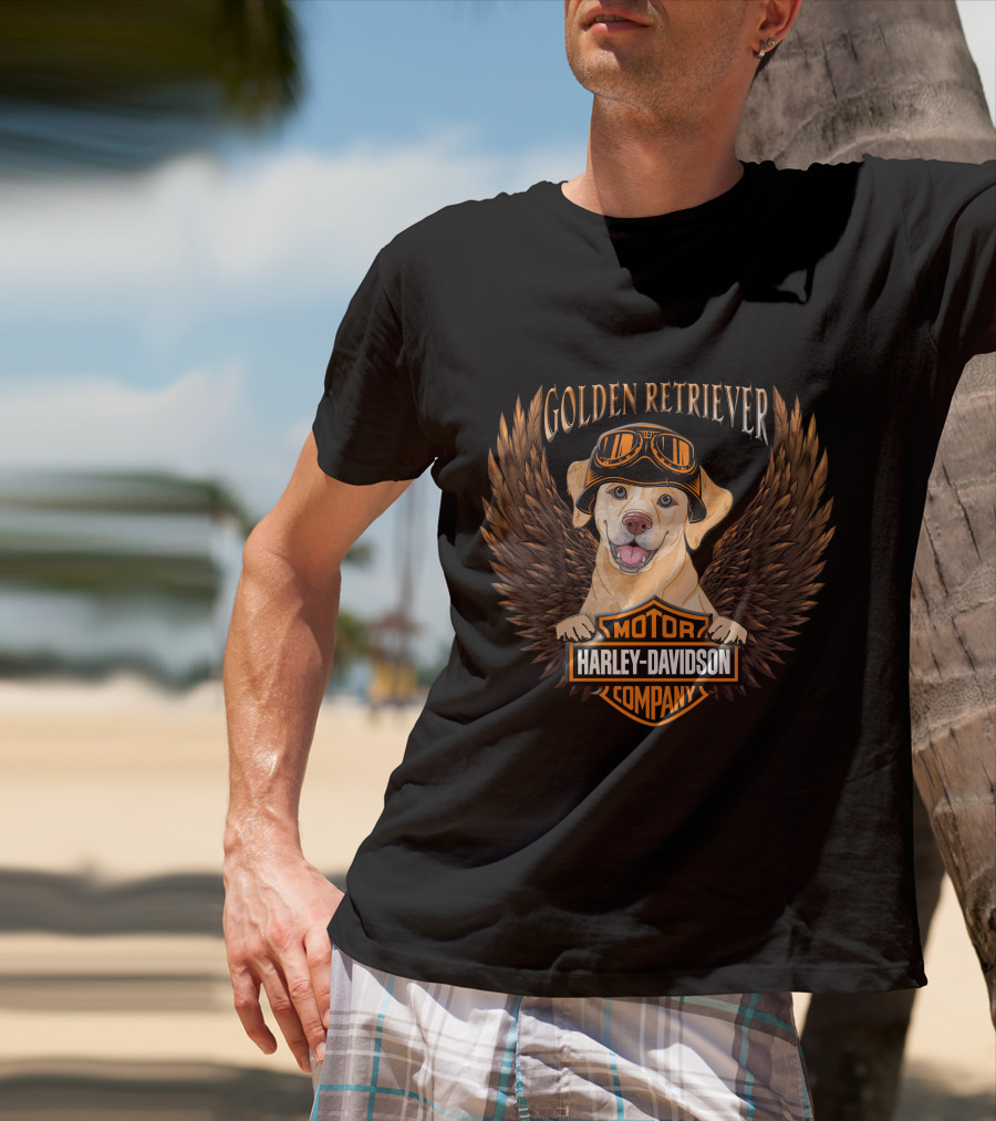 Harley Davidson Golden Retriever Motor Company Winged Logo T-Shirt