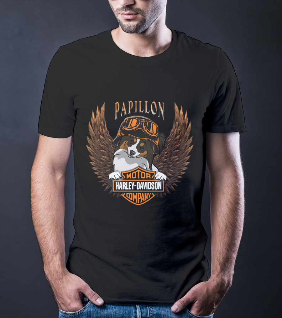 Papillon Harley Davidson Motor Company Wings Dog With Goggles T-Shirt