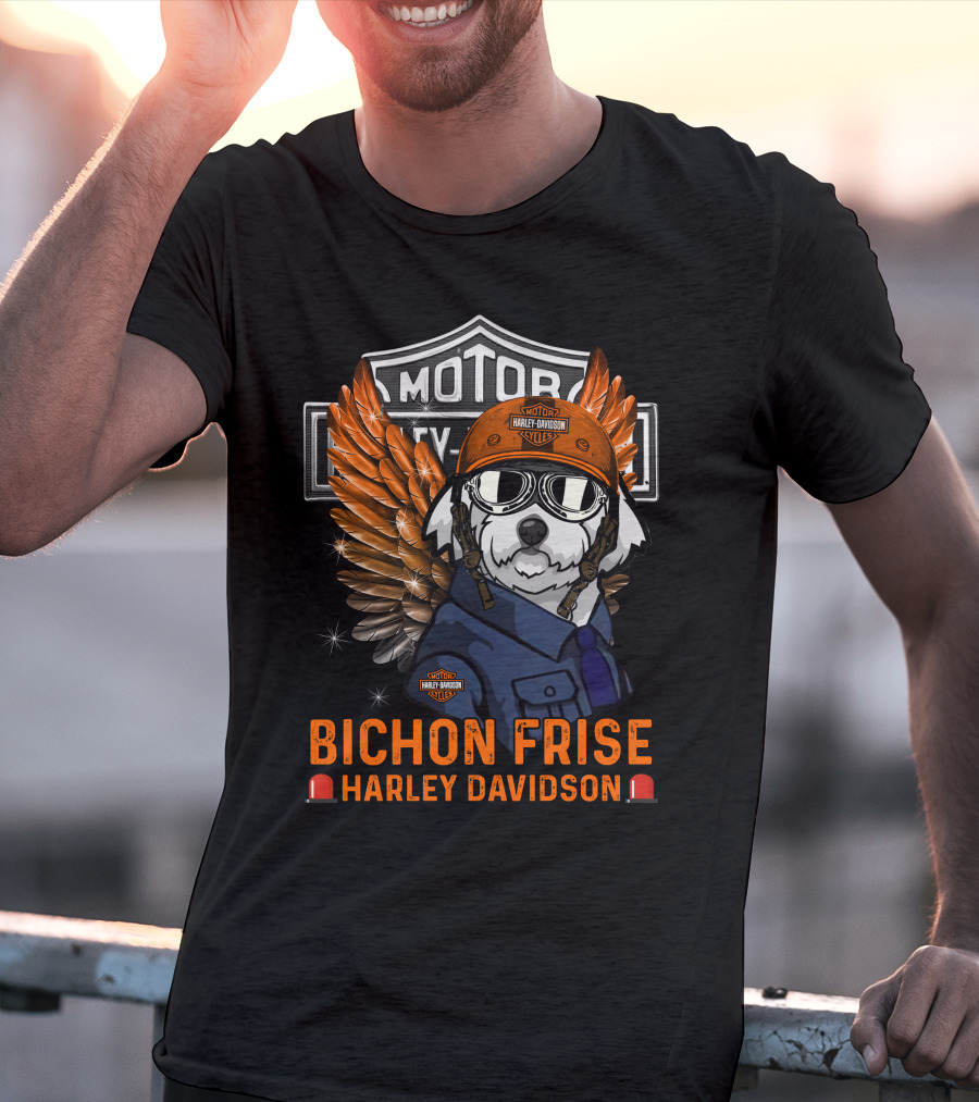 Bichon Frise Harley Davidson Motorcycles Winged Dog Pilot T-Shirt