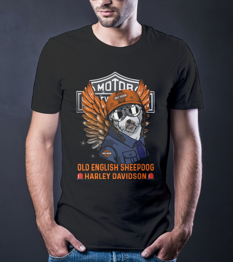 Old English Sheepdog Harley Davidson Wings Helmet Goggles T-Shirt