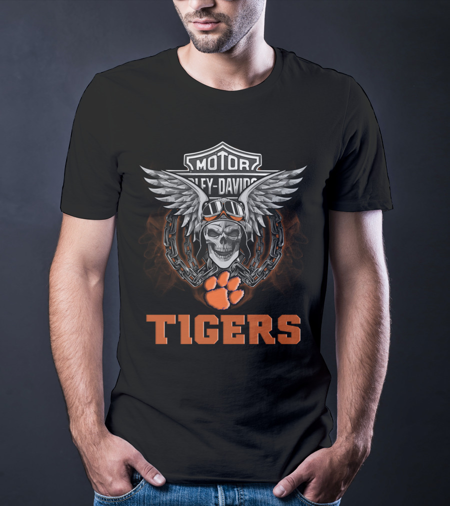 Tigers Hd Clemson Tigers Ncaa Football Fans Harley Davidson Skull Wings Chain T-Shirt