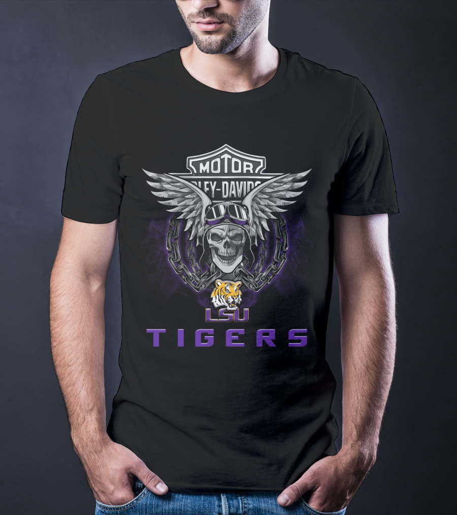 Lsu Tigers Harley Davidson Skull Wings Ncaa Football Fans T-Shirt