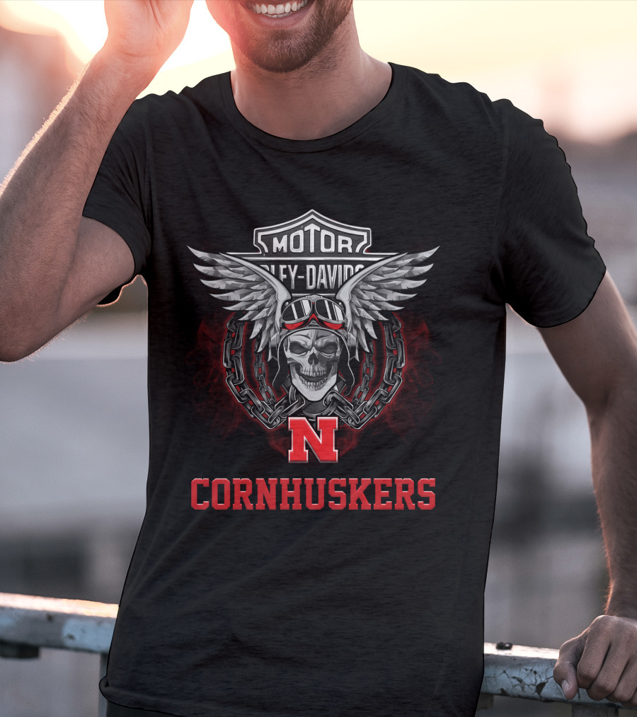 Motor Harley Davidson Skull Wings Nebraska Cornhuskers Football Fans T-Shirt