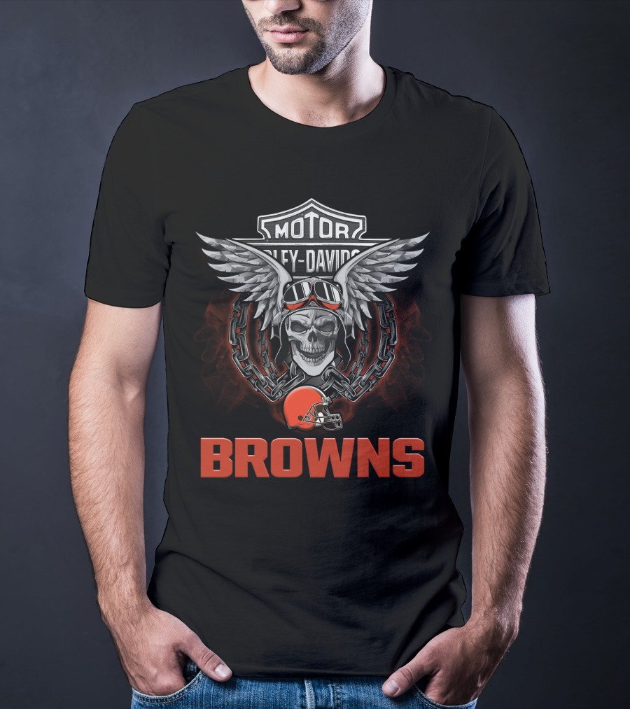 Motor Harley Davidson Browns Nfl Football Skull And Chain Helmet Wings T-Shirt
