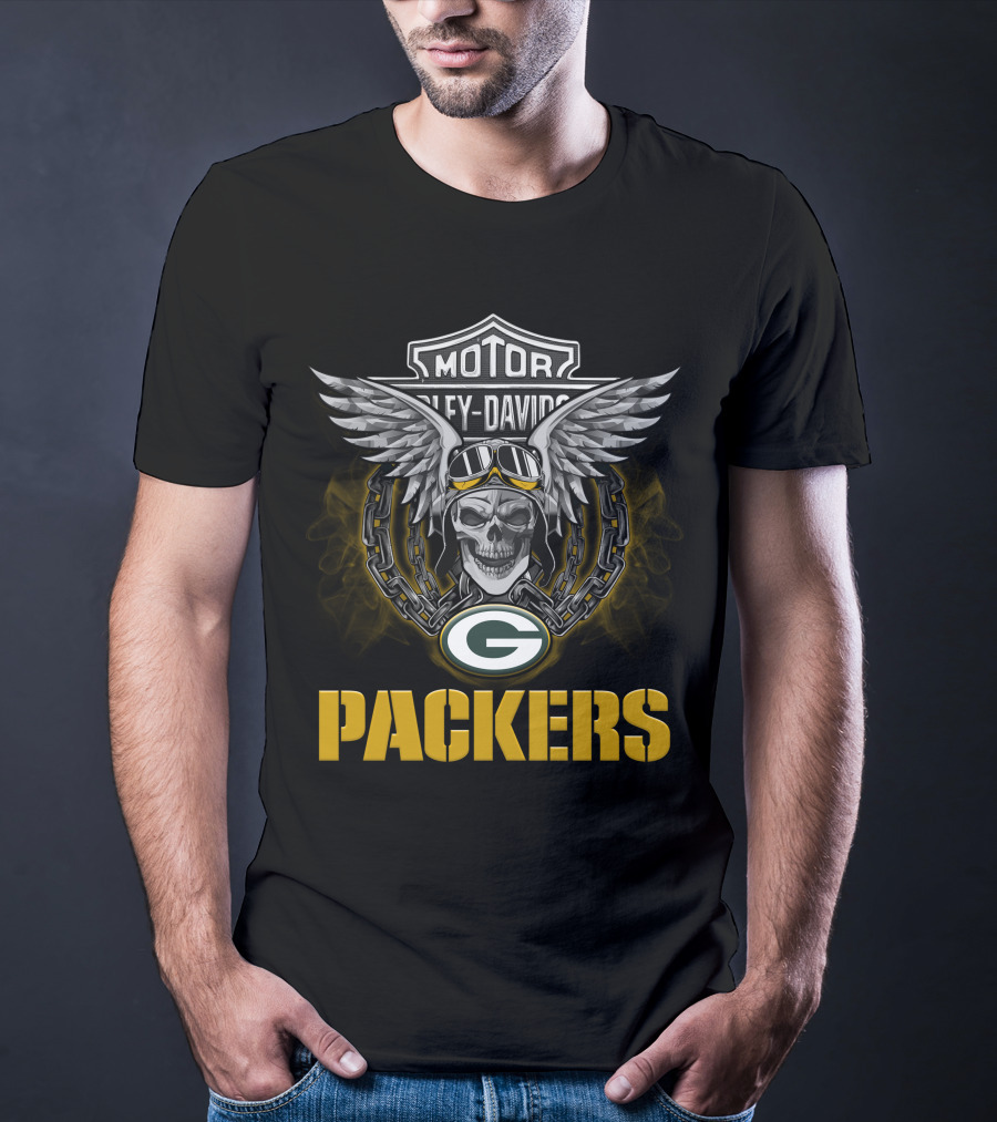 Motor Harley Davidson Green Bay Packers Wings Skull Nfl Football Fans T-Shirt