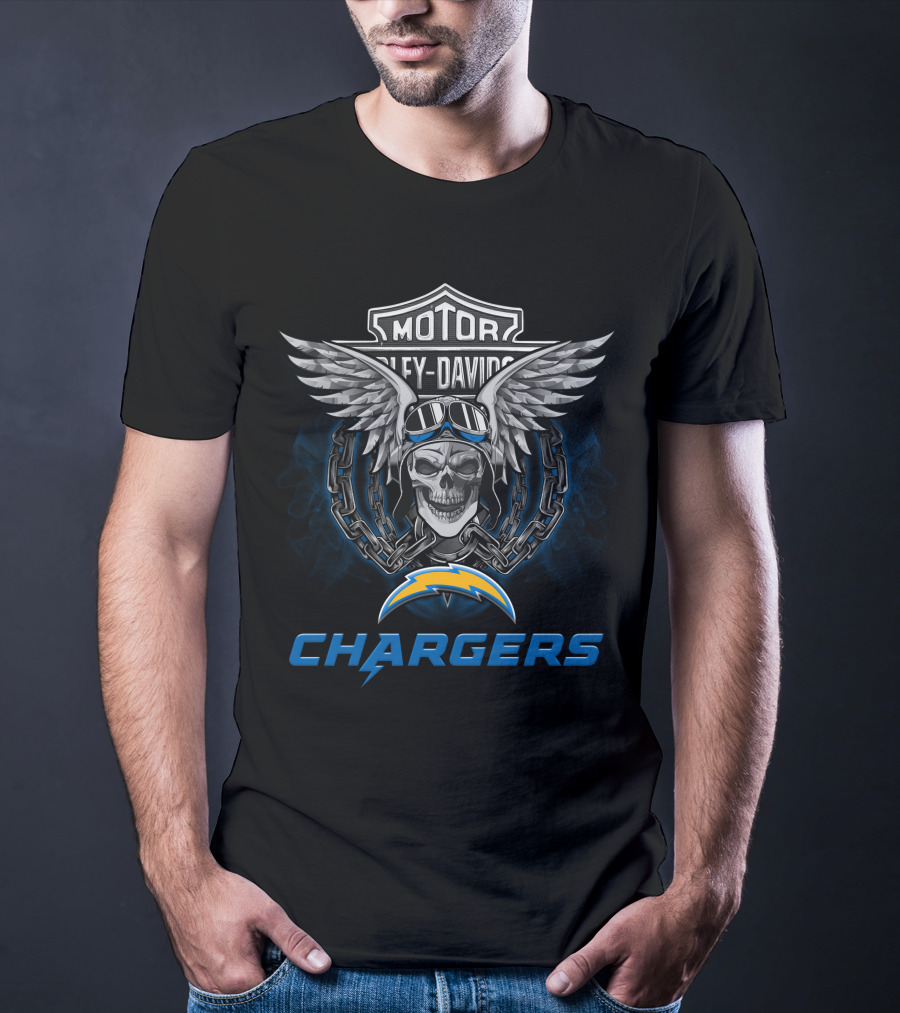 Hd Los Angeles Chargers Nfl Football Fans Harley Davidson Skull Wings T-Shirt