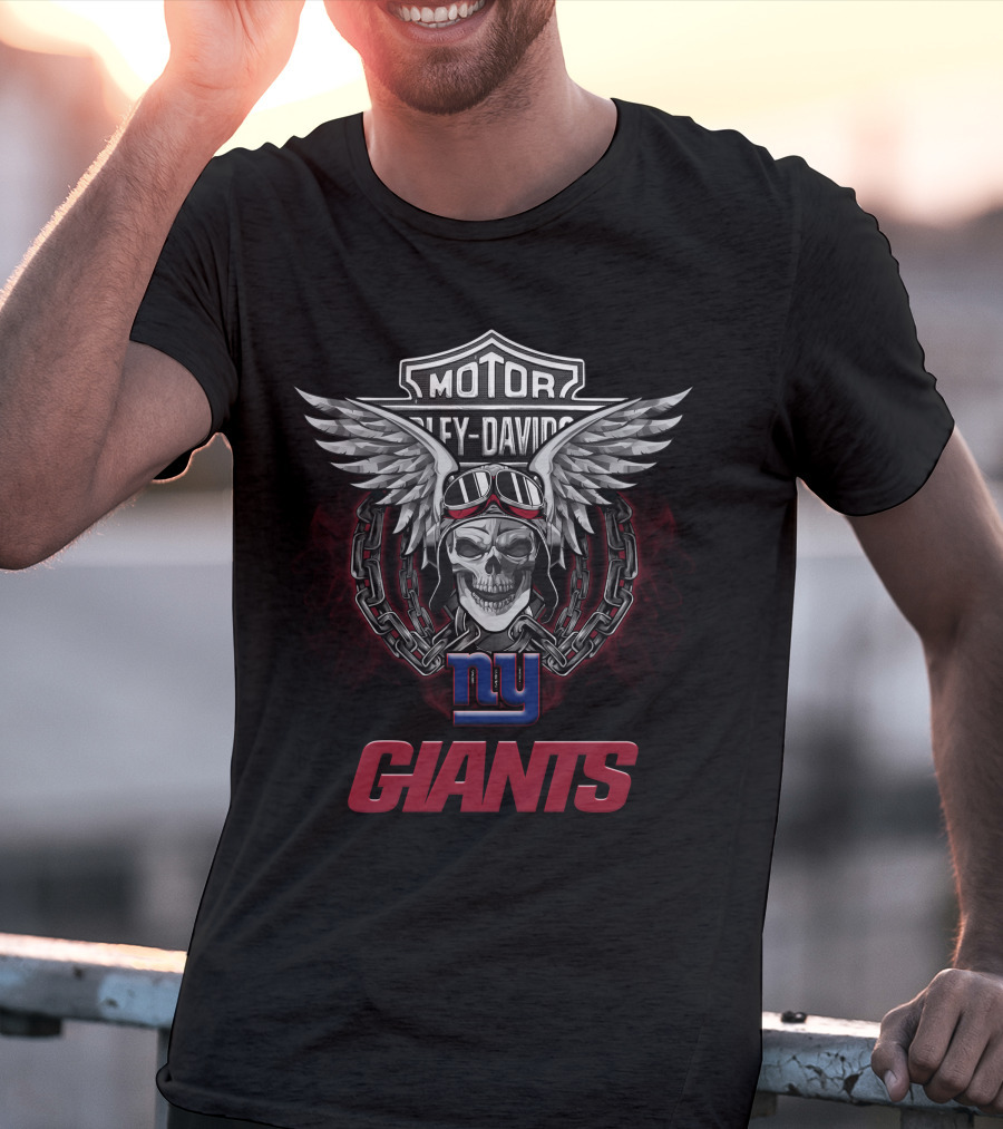 Motor Harley Davidson Ny Giants Skull Wings Nfl Football Fans T-Shirt