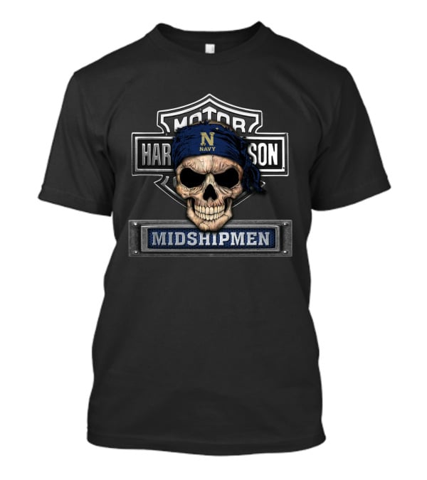 Navy Midshipmen Skull With Harley Davidson Shield T-Shirt