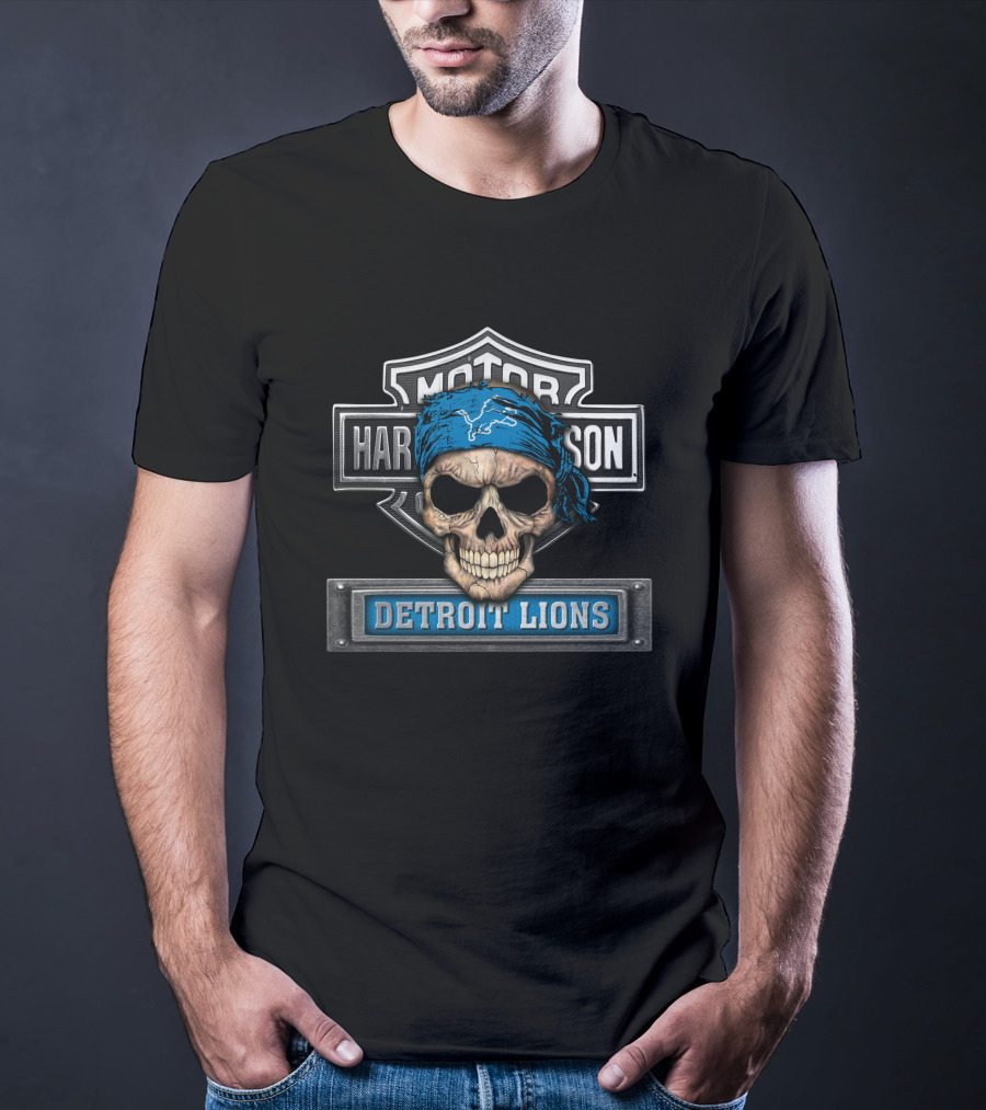 Motor Harley Davidson Skull Bandana Detroit Lions T-Shirt