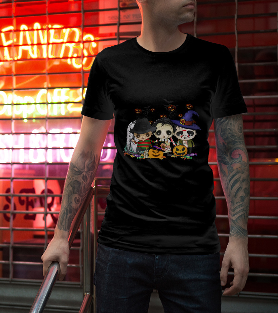 Halloween Horror Icons Trio With Jack-O'-Lanterns And Candy T-Shirt