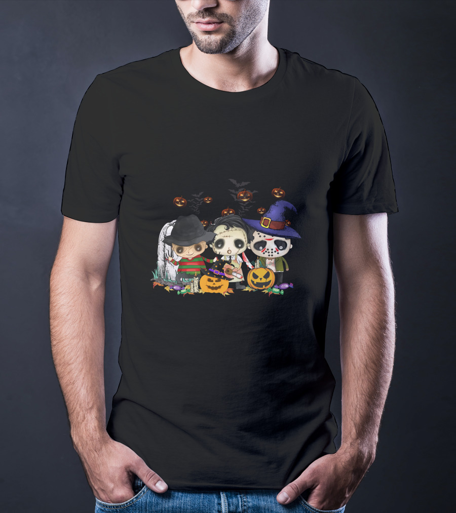 Halloween Horror Icons Trio With Jack-O'-Lanterns And Candy T-Shirt