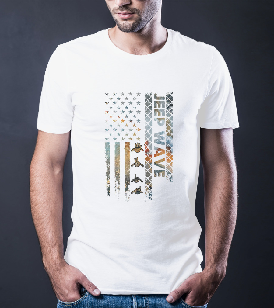 Jeep Wave American Flag Grunge Style With Hand Symbols T-Shirt