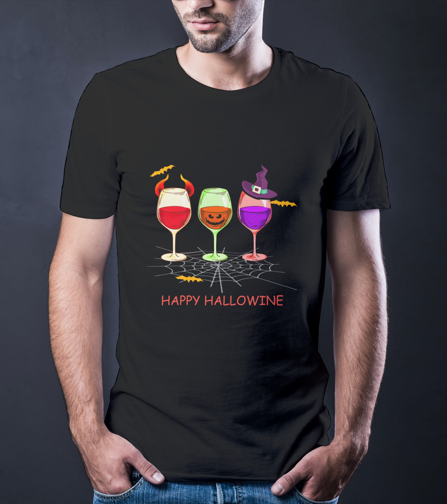 Happy Hallowine Wine Glasses Halloween Witch Hat Jack O'Lantern T-Shirt