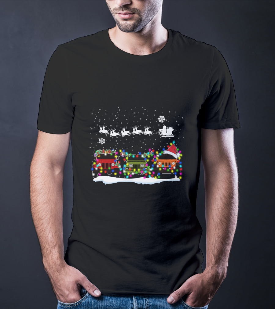 Christmas Jeep Lights With Santa Sleigh And Snowflakes T-Shirt