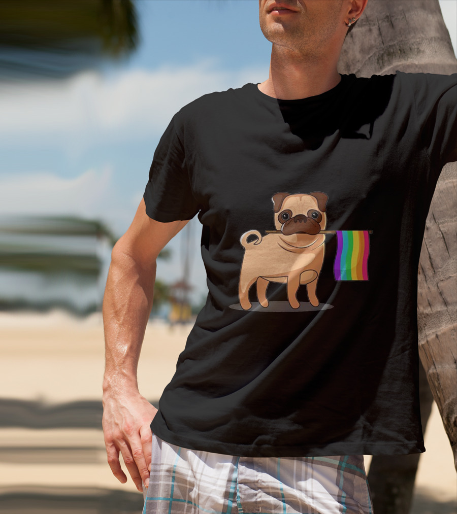Pug Holding Rainbow Pride Flag T-Shirt