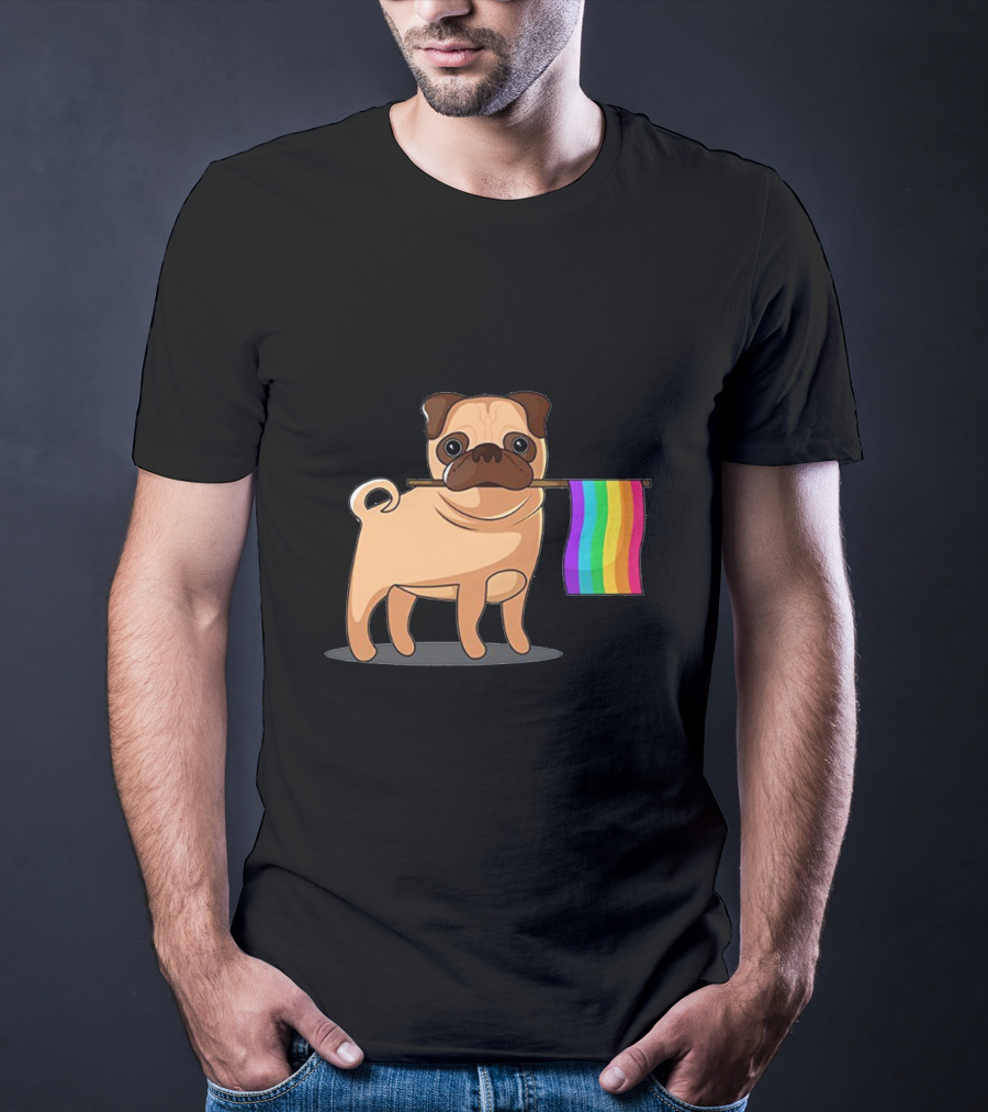 Pug Holding Rainbow Pride Flag T-Shirt